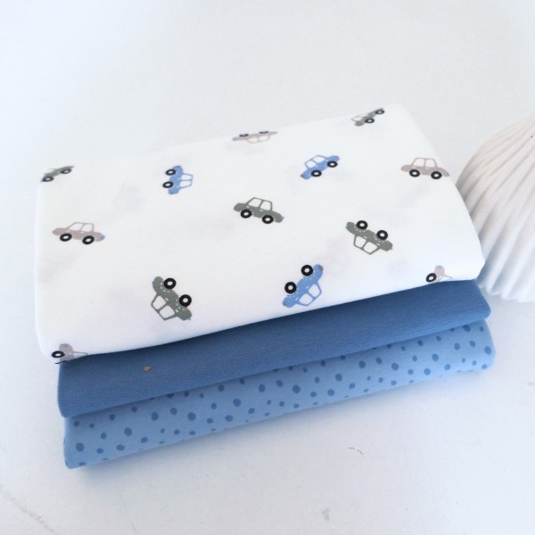 Stoffpaket Jersey, kleine Autos Off-White, Kleckse und Bündchen Blau