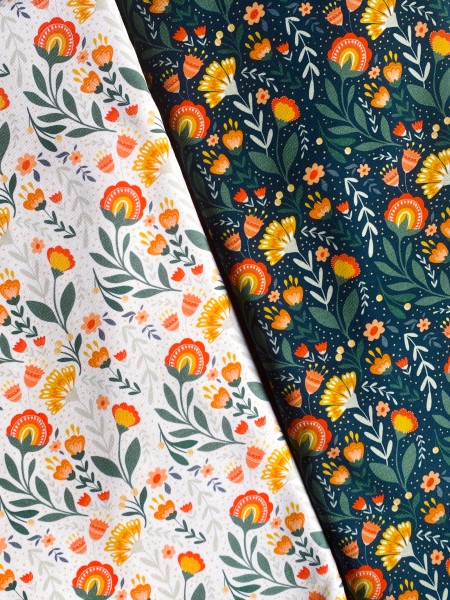 French Terry, Fields of Joy, Blumen, Dunkelblau, Bunt, Meterware