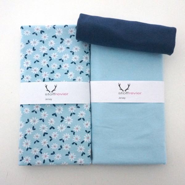 Stoffpaket Jersey, Streublumen, Uni Hellblau, Bündchen