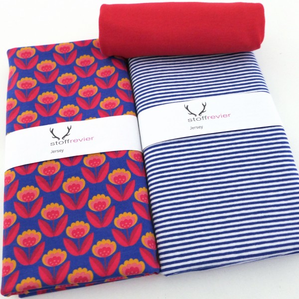 Stoffpaket Jersey, Retroblume, Blau, Ringel, 50 cm Bündchen Rot