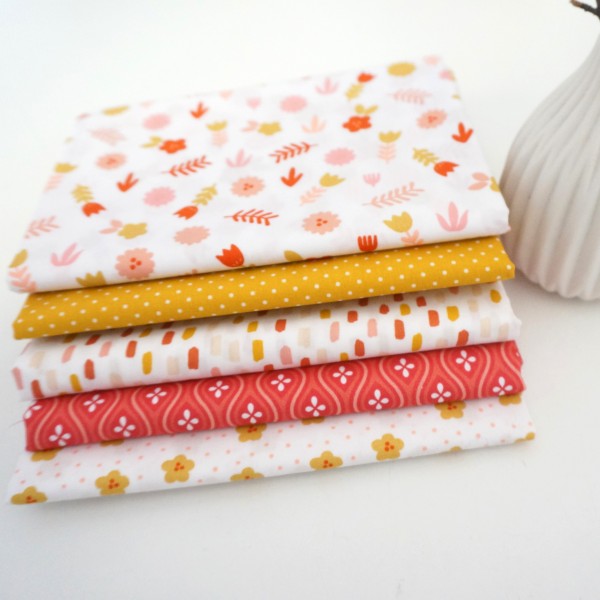 Stoffpaket, 5 x Fat Quarter, Baumwolle, Blumen, Koralle, Senf