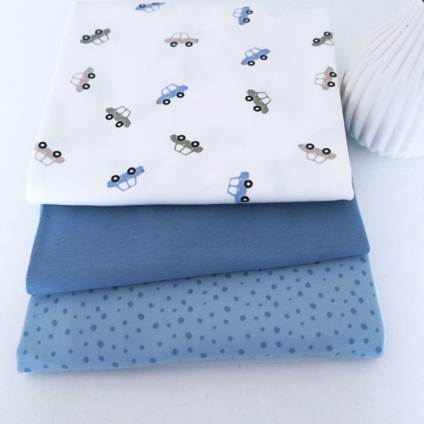 Stoffpaket Jersey, kleine Autos Off-White, Kleckse und Bündchen Blau