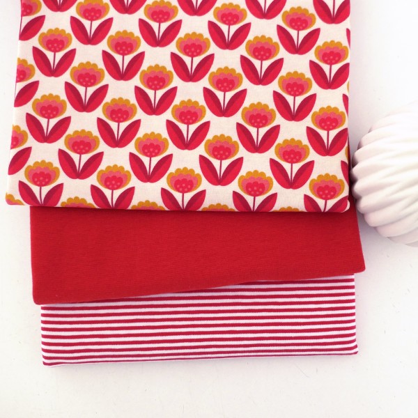 Stoffpaket Jersey, Retroblume, Orange, Ringel, 50 cm Bündchen Rot