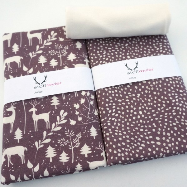 Stoffpaket Jersey, 'Miniwinter', Rotwild, Kleckse Mauve, Bündchen
