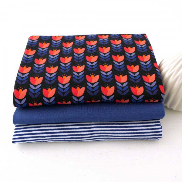 Stoffpaket Jersey, Retro Tulpe, Schwarz, Ringel Royalblau, 50 cm Bündchen