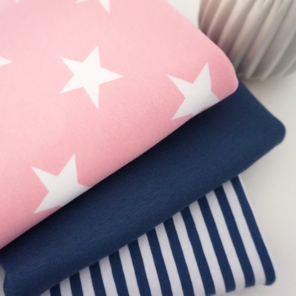 Jersey Stoffpaket, 'Stars & Stripes' Sterne Rosa, Streifen Blau, Bündchen