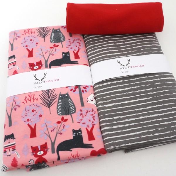 Stoffpaket Jersey Katzen, Miau, Linien Grau, 50cm Bündchen