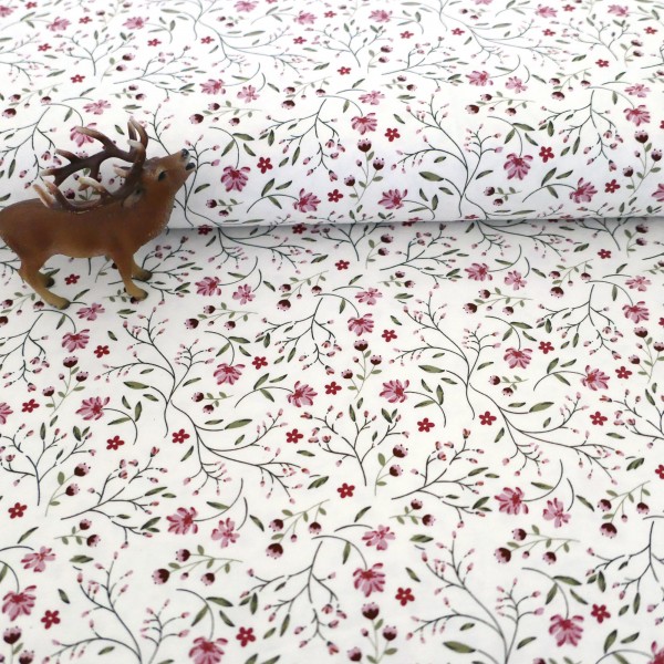 Jersey Ranken, Blumen, Off-White, Altrosa, Meterware