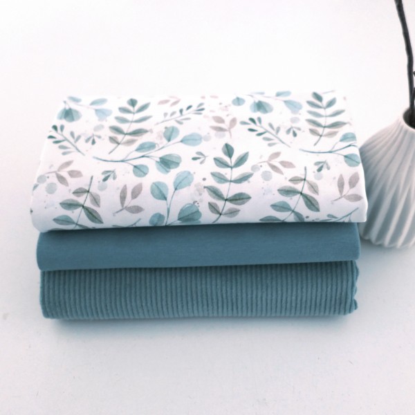 Stoffpaket Jersey Zweige, Blätter, Cordjersey Uni Mint, Bündchen