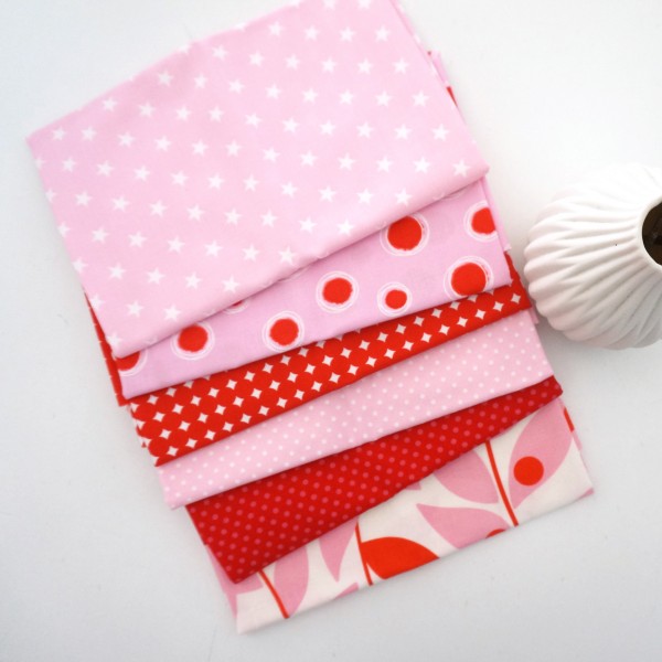 Stoffpaket Baumwolle, 6 x Fat Quarter, 'Rot-Rosa' Mixed