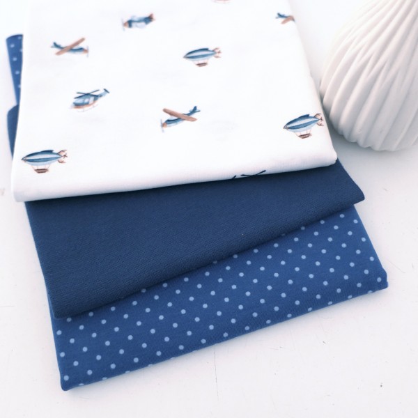 Stoffpaket Jersey Hubschrauber Water Colour, Punkte Mittelblau, 50cm Bündchen