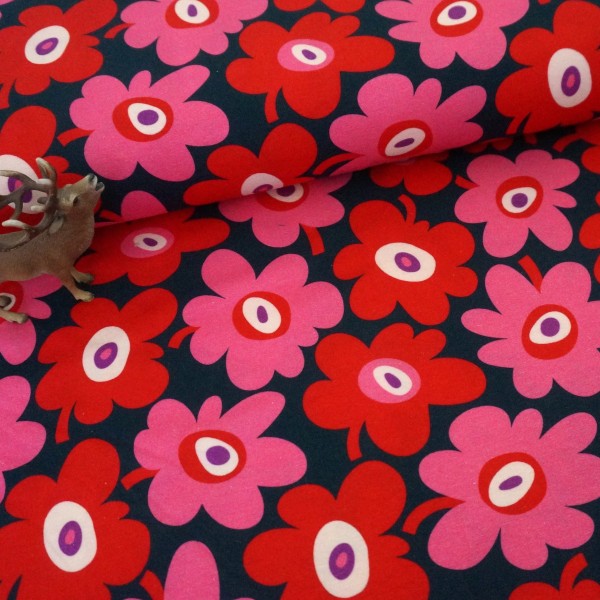 Jersey große Blüten Nachtblau Pink, Rot, Rosa Meterware