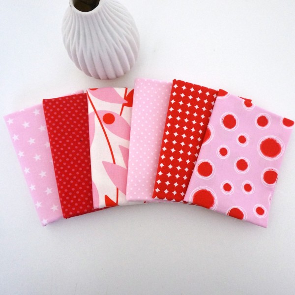 Stoffpaket Baumwolle, 6 x Fat Quarter, 'Rot-Rosa' Mixed