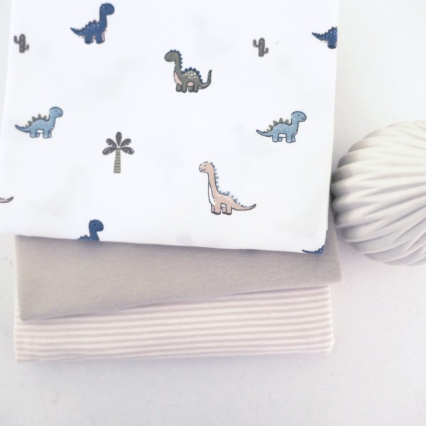 Stoffpaket Jersey, Dinosaurier Off-White, Ringel Creme, 50cm Bündchen