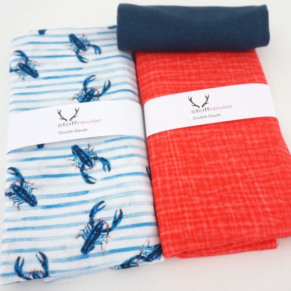 Stoffpaket Musselin, Lobster Hummer, Uni Koralle Tie Dye, Bündchen