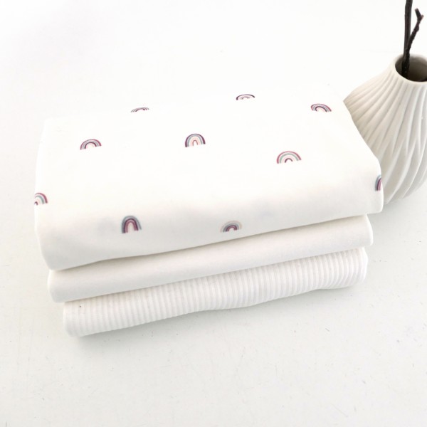 Stoffpaket Jersey Regenbögen Off-White, Ripjersey Uni, Bündchen