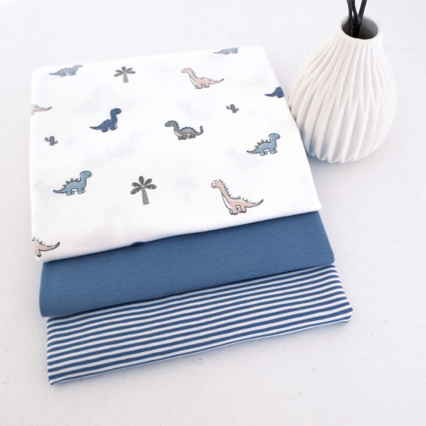 Stoffpaket Jersey, Dinosaurier Off-White, Ringel Blau, Bündchen