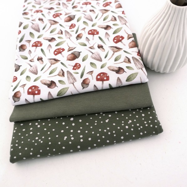 Jersey Stoffpaket, Pilze und Eicheln Weiß, Kleckse, Moos, 50cm Bündchen