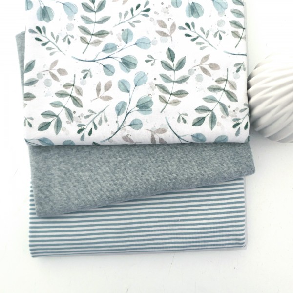 Jersey Stoffpaket, Zweige, Blätter, Mint, Ringel, Mint, 50cm Bündchen