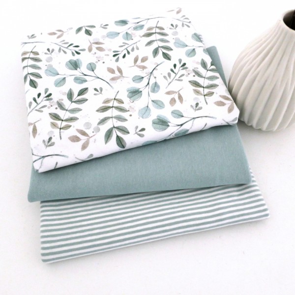 Jersey Stoffpaket, Zweige, Blätter, Mint, Ringel, Mint, Bündchen