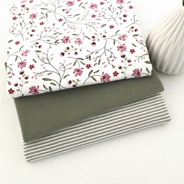 Jersey Stoffpaket, Blumenranken, Ranken, Ringel, 50cm Bündchen Moos