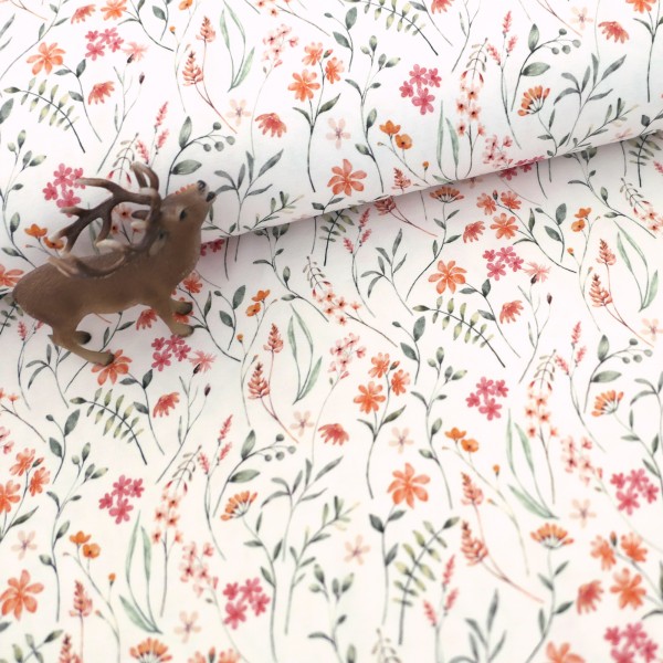 Jersey Blüten, Zweige, Off-White, Bunt, Meterware