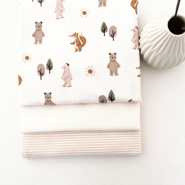 Stoffpaket Jersey, Fuchs und Bär, Off-White, Ringel Creme, 50cm Bündchen