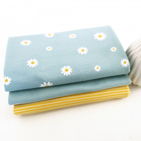 Stoffpaket Jersey, Margheriten, Mintblau, Ringel Gelb, Bündchen