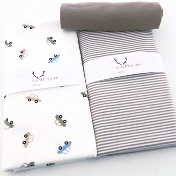 Stoffpaket Jersey, kleine Autos, Ringel, Bündchen