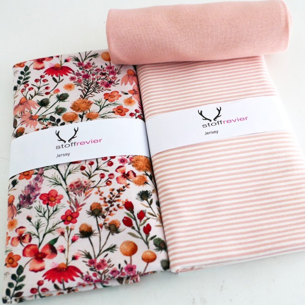 Stoffpaket Jersey, Flowers, Wildblumen, Ringel u. Bündchen Mint