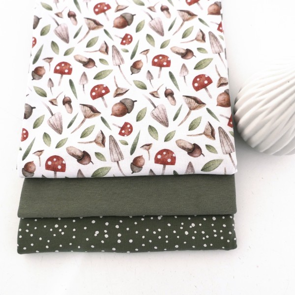 Jersey Stoffpaket, Pilze und Eicheln Weiß, Kleckse, Moos, 50cm Bündchen