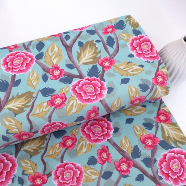 Samt, Boho Velvet, große Blüten, Äste, Mint, Pink, swafing, Meterware