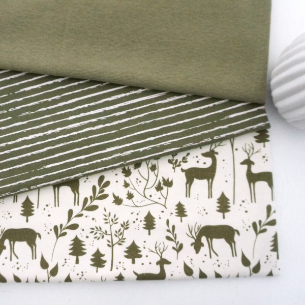 Stoffpaket Jersey, 'Miniwinter', Rotwild, Linien Moos, Bündchen
