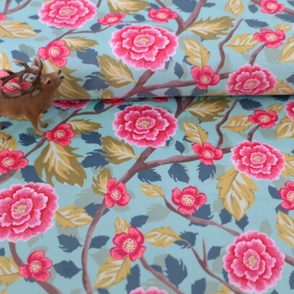 Samt, Boho Velvet, große Blüten, Äste, Mint, Pink, swafing, Meterware