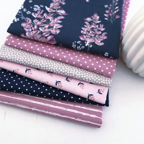 6 x Fat Quarter 'Wisteria' Blüten, Punkte, Kleckse, Linien, Patchwork, Paket