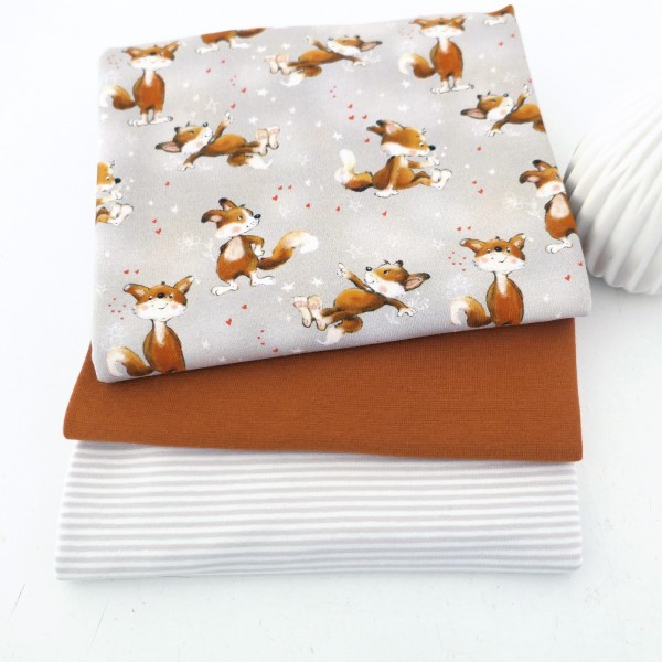 Stoffpaket Jersey 'freche Füchse' Grau, Ringel, 50cm Bündchen Ocker