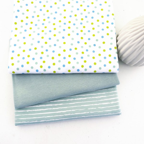 Stoffpaket Jersey, Ink Dots, Weiß/Mint/Blau, Linien Mint, 50cm Bündchen