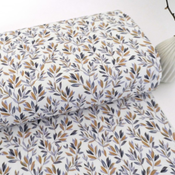 Jersey Blätter, Zweige, Mauve, Senf, Meterware