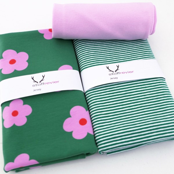 Jersey Stoffpaket, Prilblumen, Blüten, Rosa/Grün, Ringel, Grün, 50cm Bündchen
