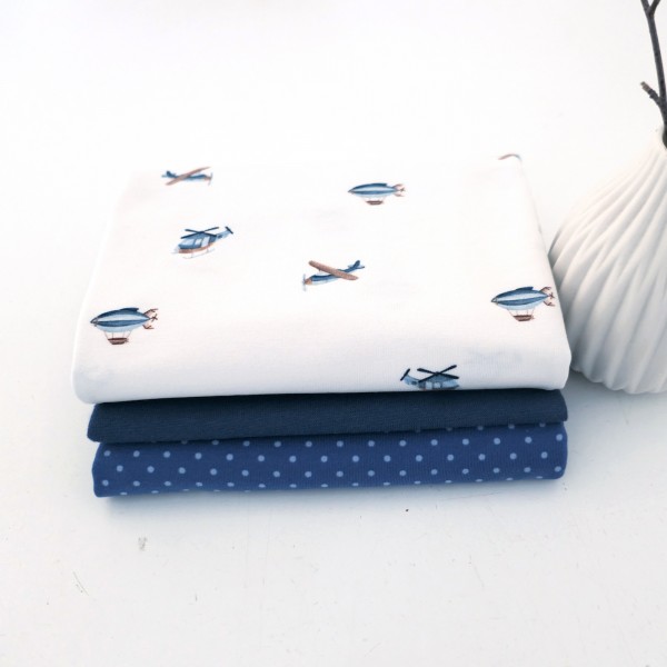 Stoffpaket Jersey Hubschrauber Water Colour, Punkte Mittelblau, 50cm Bündchen
