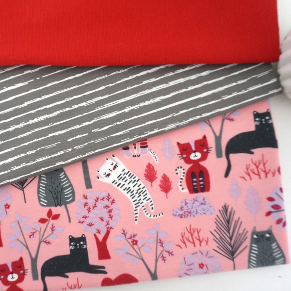 Stoffpaket Jersey Katzen, Miau, Linien Grau, 50cm Bündchen