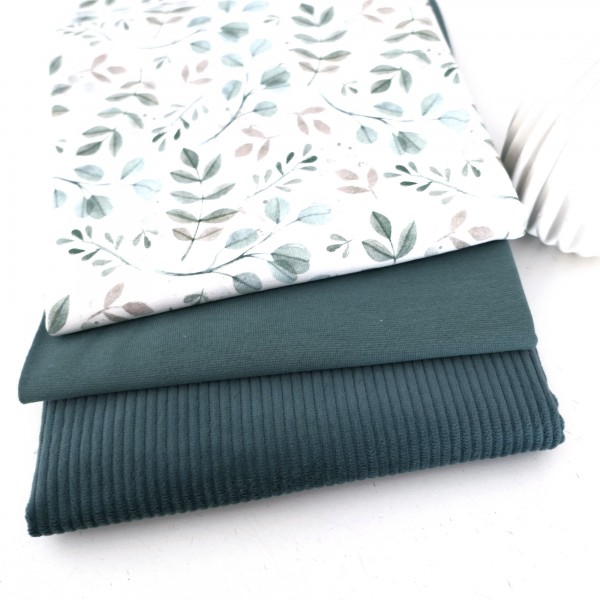 Stoffpaket Jersey Zweige, Blätter, Cordjersey Uni Smaragd, Bündchen