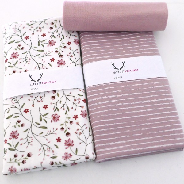 Jersey Stoffpaket, Blumenranken, Ranken, Linien, 50cm Bündchen Softrose