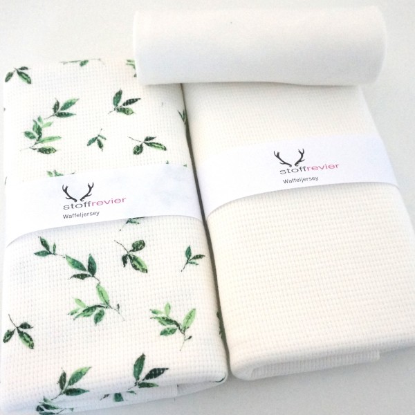 Stoffpaket Waffeljersey, 'Zweige', Grün/Naturweiß, Uni, Naturweiß, Bündchen