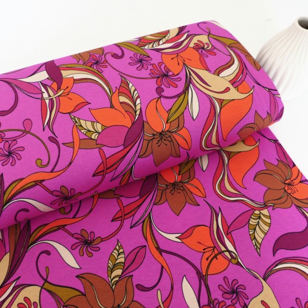 Viskosejersey, Lilien, 70er, Pink, leichter Kleiderstoff, Meterware