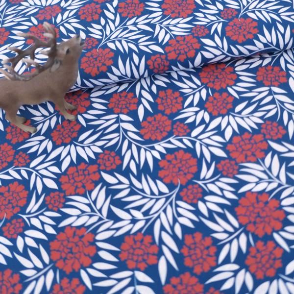 Baumwollstoff 'Kim' Blüten, Dolden, Blau, Koralle, Meterware swafing