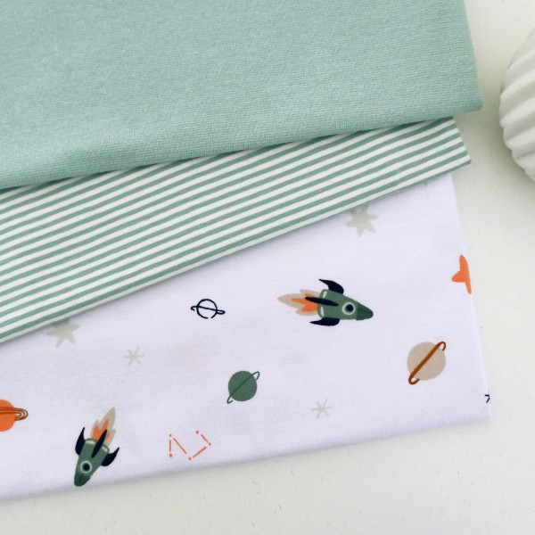 Stoffpaket Jersey 'Space' Weiß, Ringel Mint, Bündchen