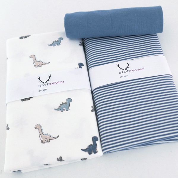 Stoffpaket Jersey, Dinosaurier Off-White, Ringel Blau, Bündchen