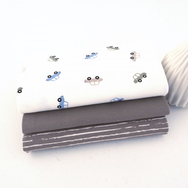 Stoffpaket Jersey, kleine Autos Off-White, Linien Taupe, Bündchen