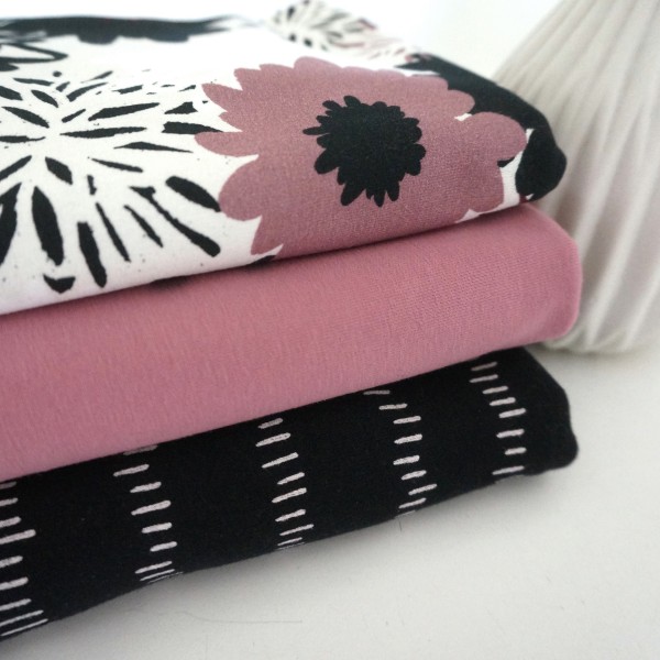 Stoffpaket Jersey, große Blüten, Altrosa, Striche Schwarz, Uni